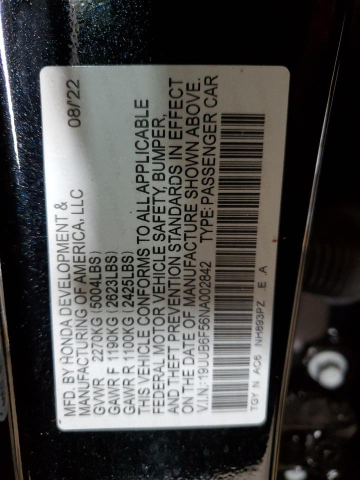 2022 ACURA TLX TECH A VIN:19UUB6F56NA002842