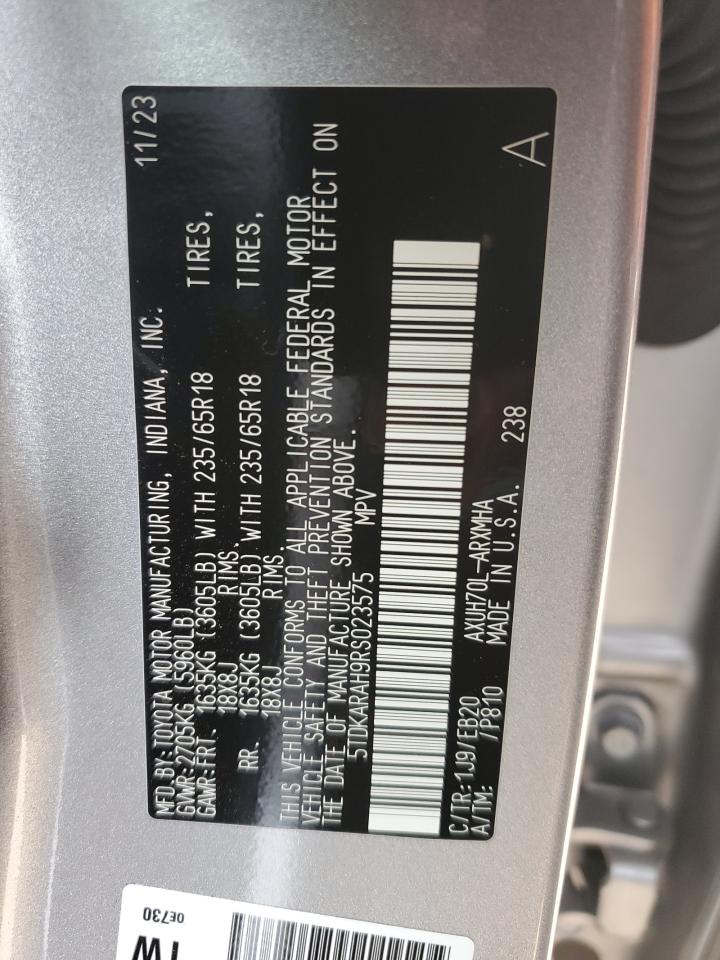 2024 TOYOTA HIGHLANDER HYBRID XLE VIN:5TDKARAH9RS023575