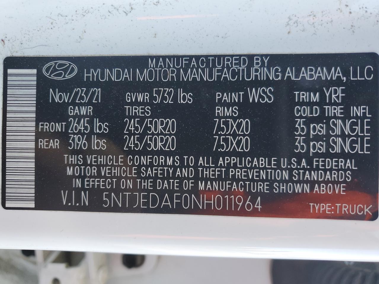 2022 HYUNDAI SANTA CRUZ LIMITED VIN:5NTJEDAF0NH011964