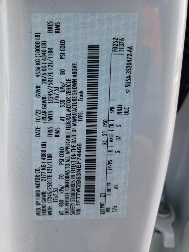 2022 FORD F250 SUPER DUTY VIN:1FT7W2B63NEF74466