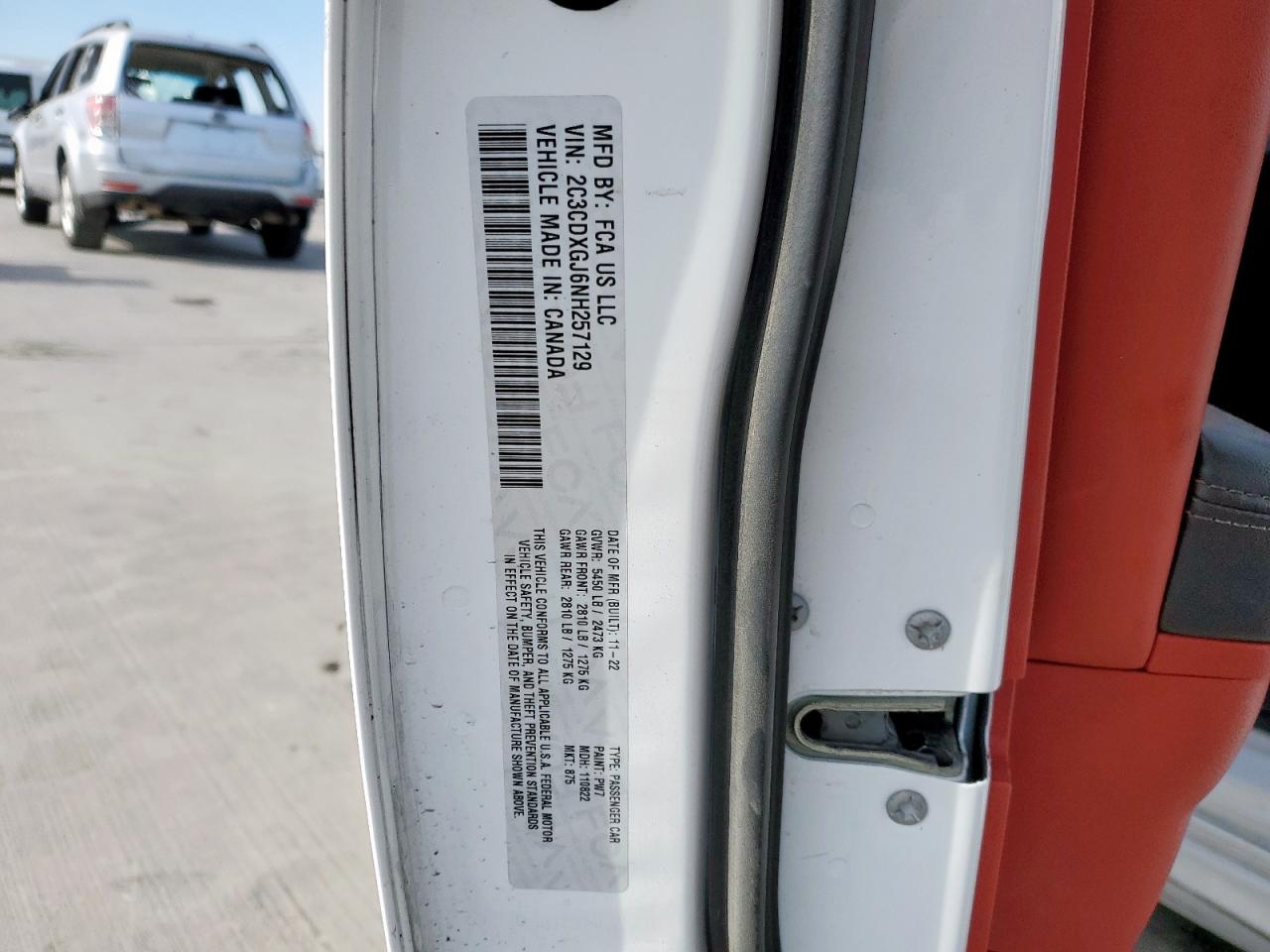 2022 DODGE CHARGER SCAT PACK VIN:2C3CDXGJ6NH257129