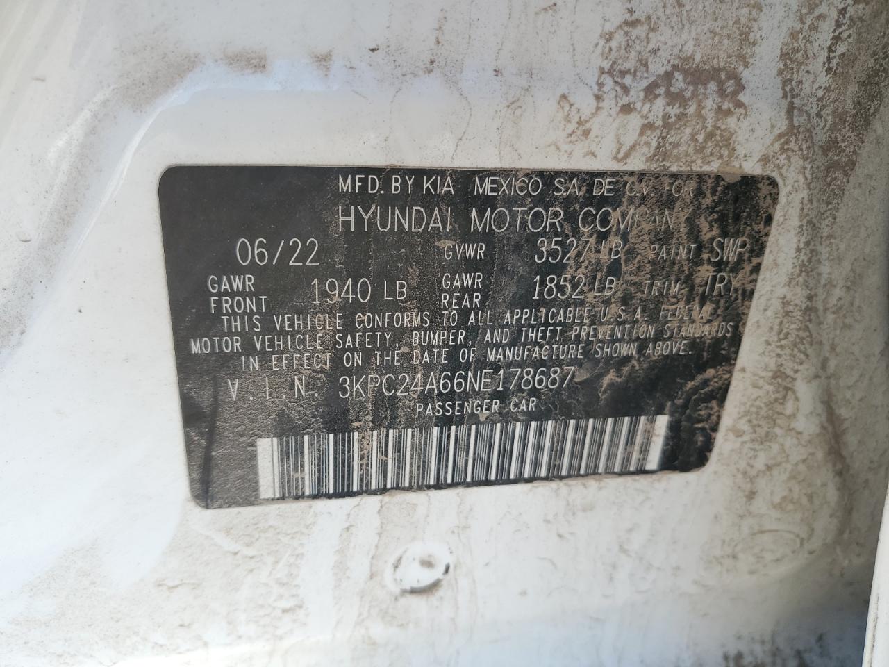 2022 HYUNDAI ACCENT SE VIN:3KPC24A66NE178687