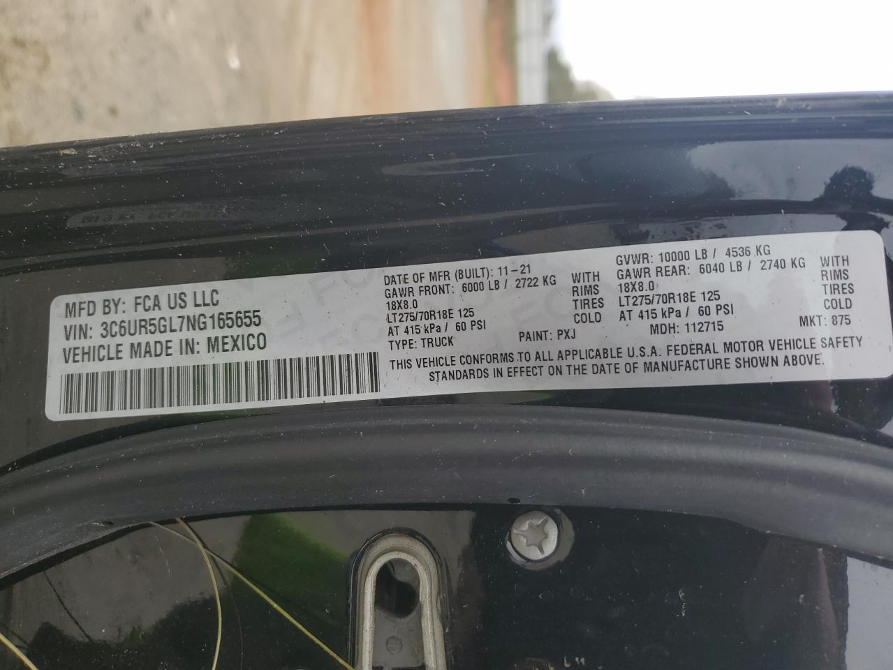 2022 RAM 2500 LONGHORN VIN:3C6UR5GL7NG165655