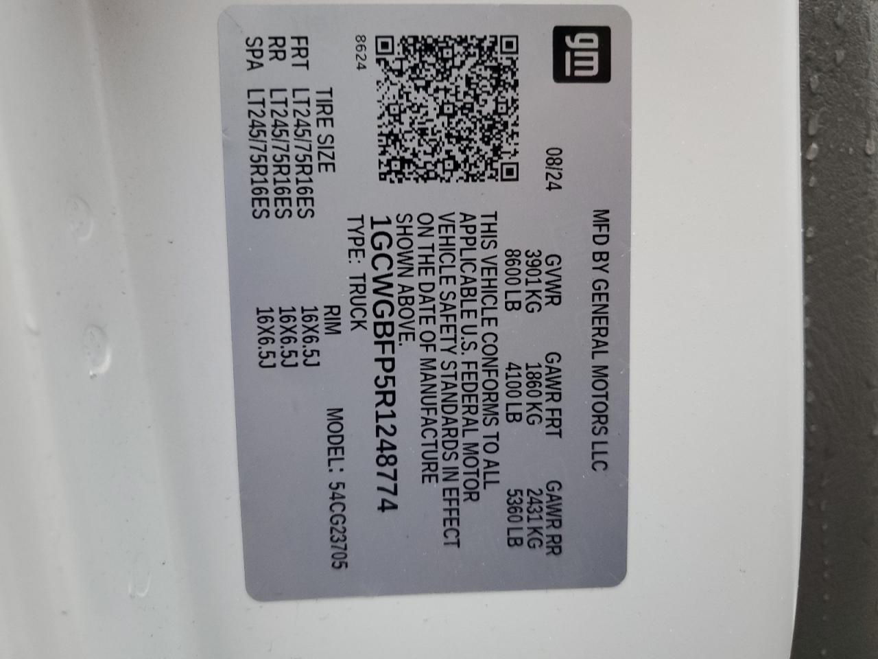 2024 CHEVROLET EXPRESS G2500 VIN:1GCWGBFP5R1248774