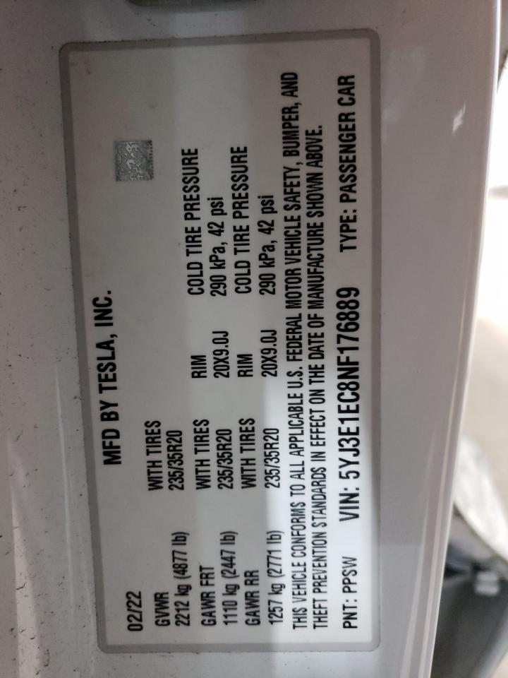 2022 TESLA MODEL 3 VIN:5YJ3E1EC8NF176889