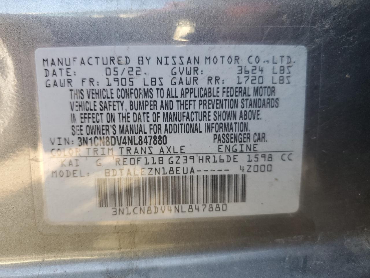 2022 NISSAN VERSA S VIN:3N1CN8DV4NL847880