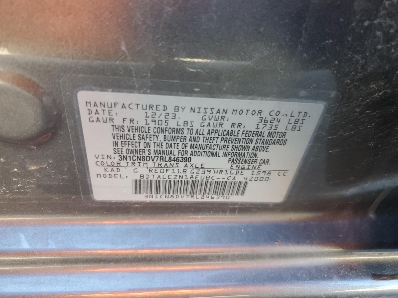 2024 NISSAN VERSA S VIN:3N1CN8DV7RL846390