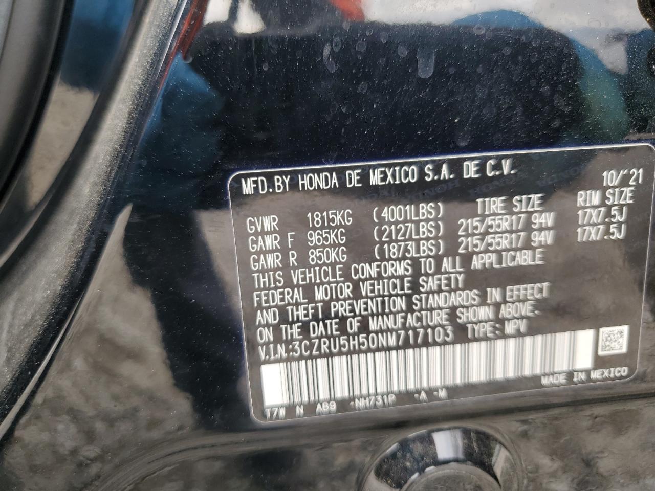 2022 HONDA HR-V EX VIN:3CZRU5H50NM717103