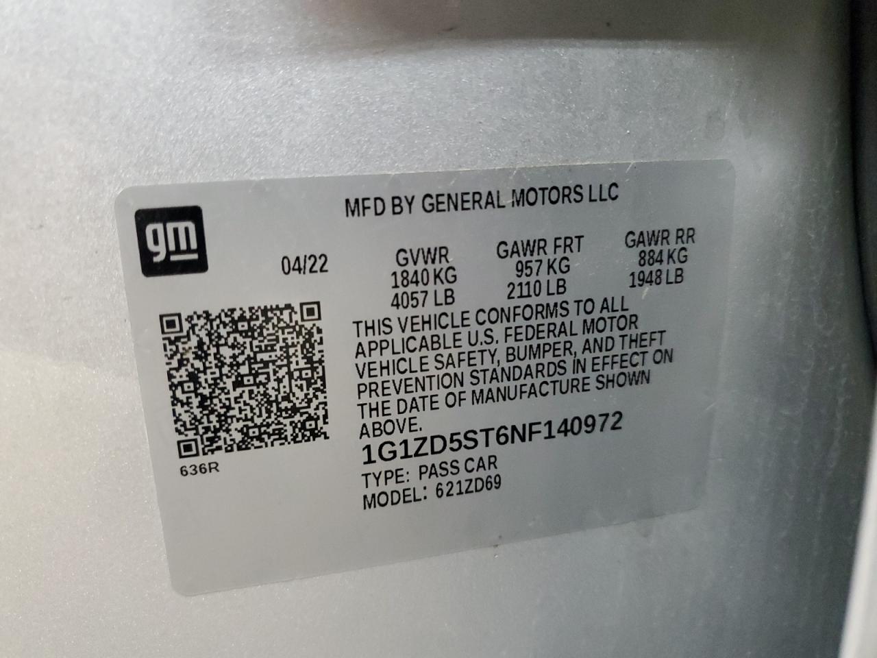 2022 CHEVROLET MALIBU LT VIN:1G1ZD5ST6NF140972