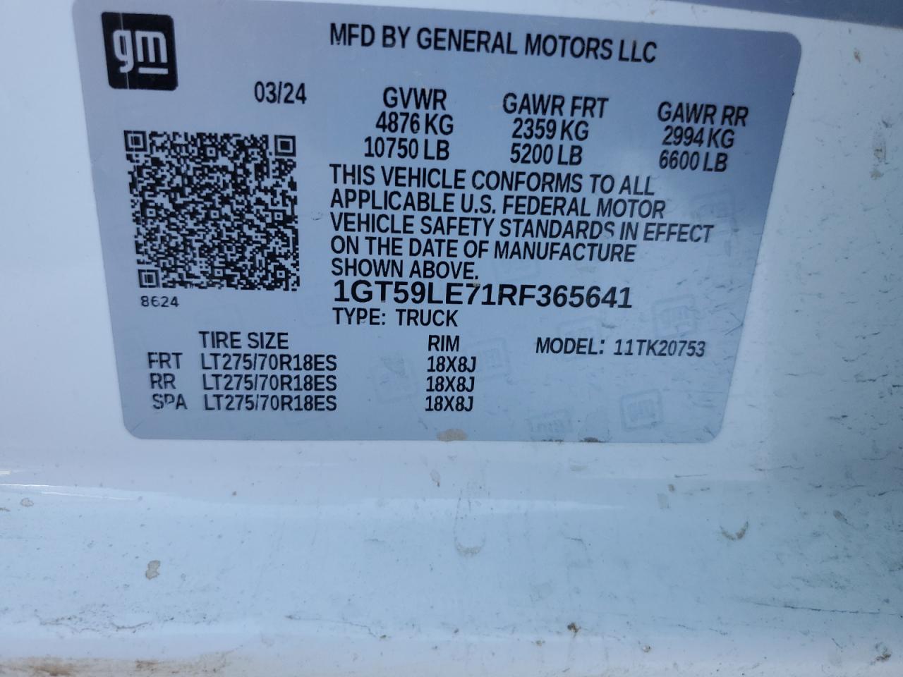 2024 GMC SIERRA K2500 HEAVY DUTY VIN:1GT59LE71RF365641