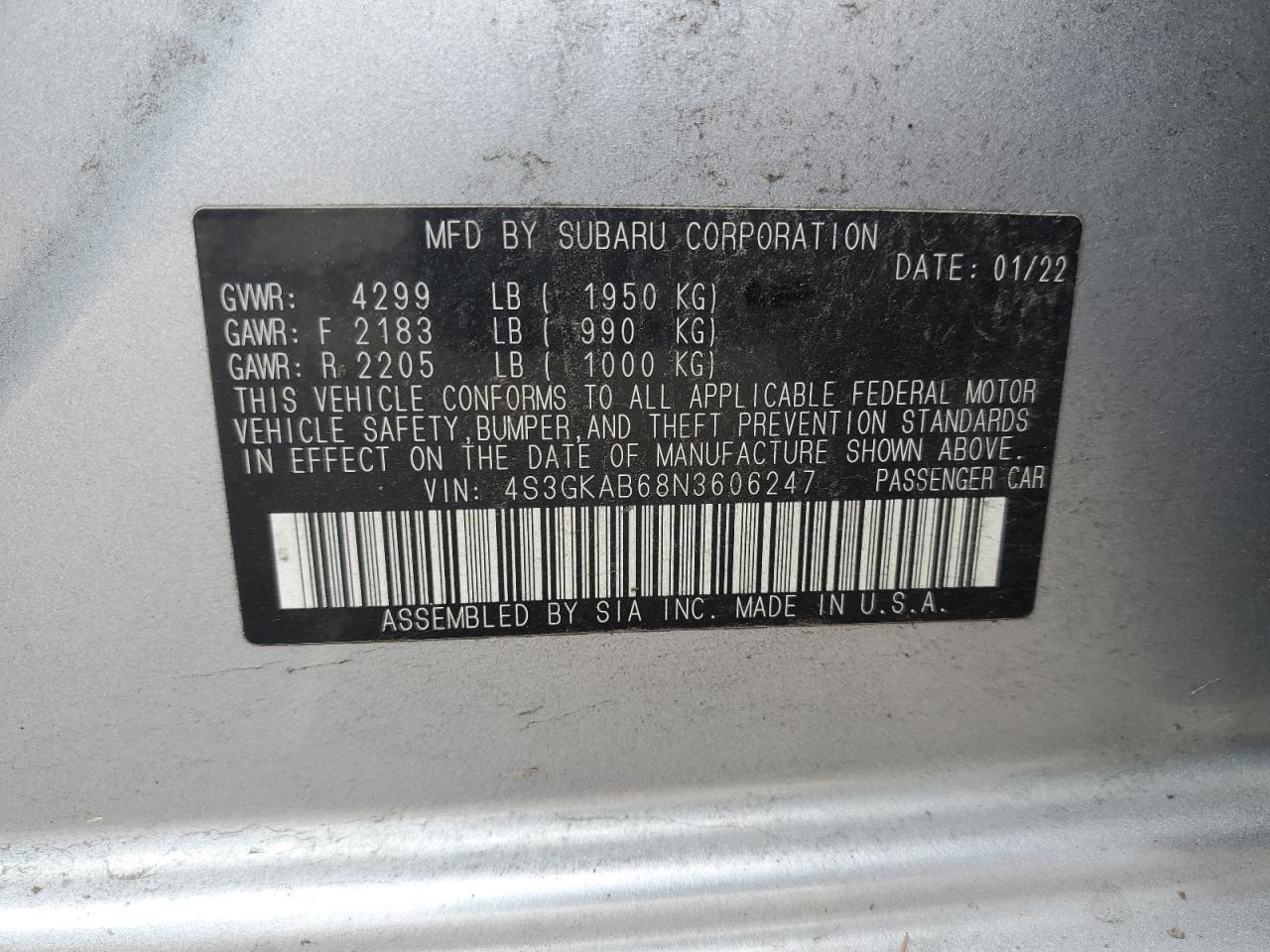 2022 SUBARU IMPREZA VIN:4S3GKAB68N3606247