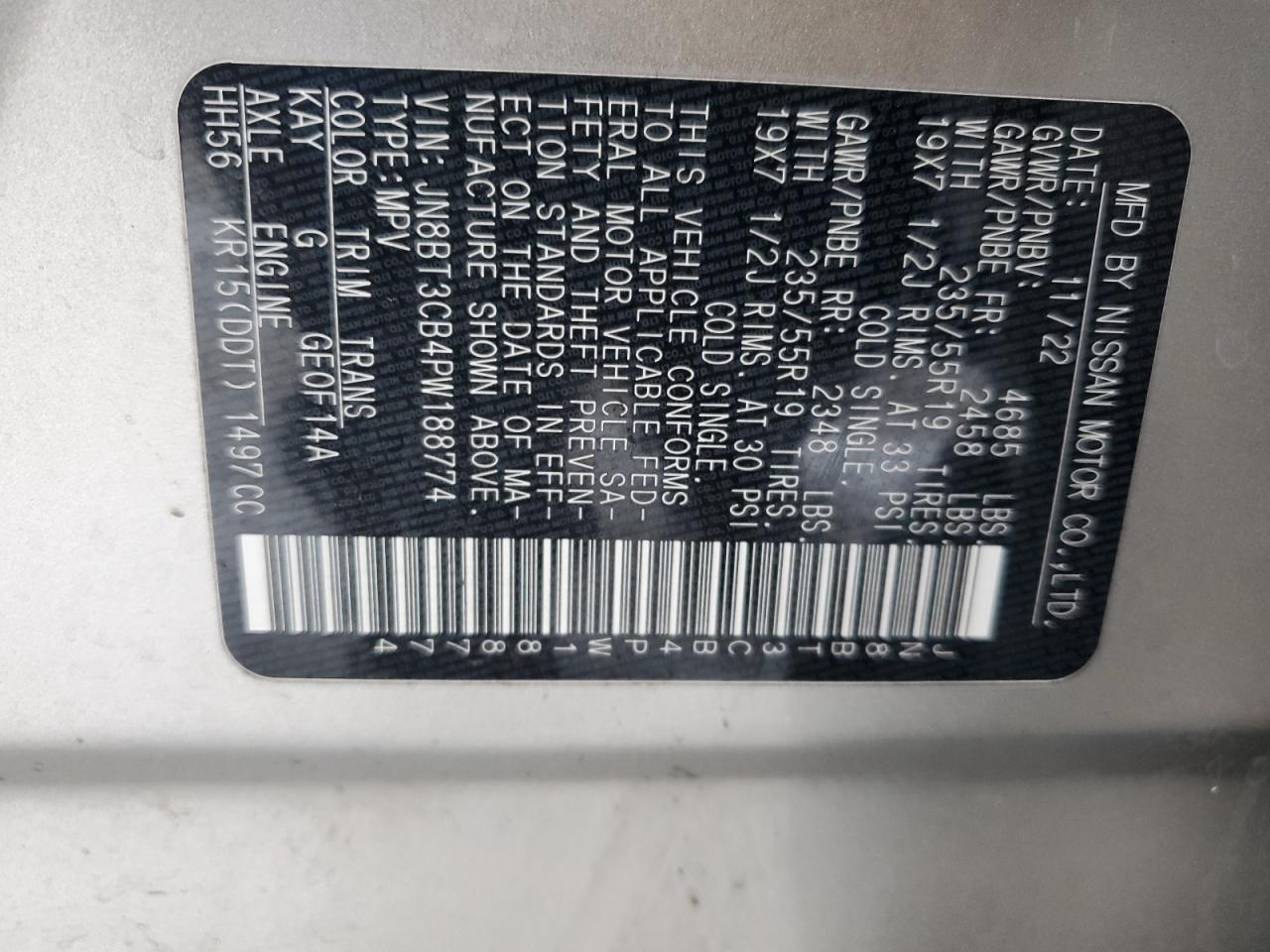 2023 NISSAN ROGUE SL VIN:JN8BT3CB4PW188774