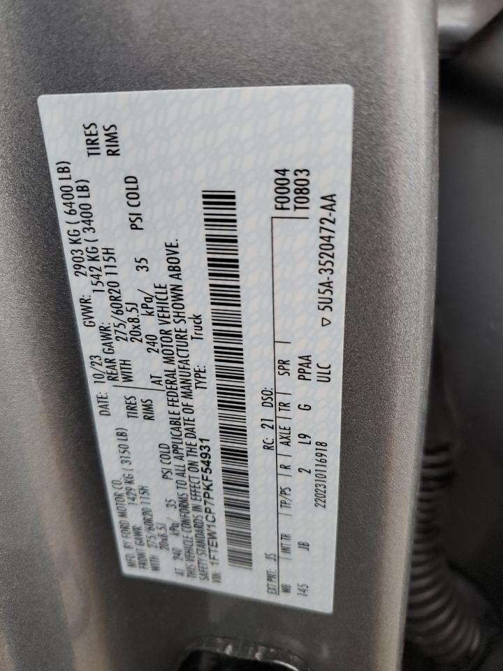 2023 FORD F150 SUPERCREW VIN:1FTEW1CP7PKF54931