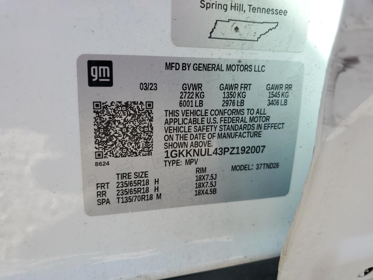 2023 GMC ACADIA SLT VIN:1GKKNUL43PZ192007