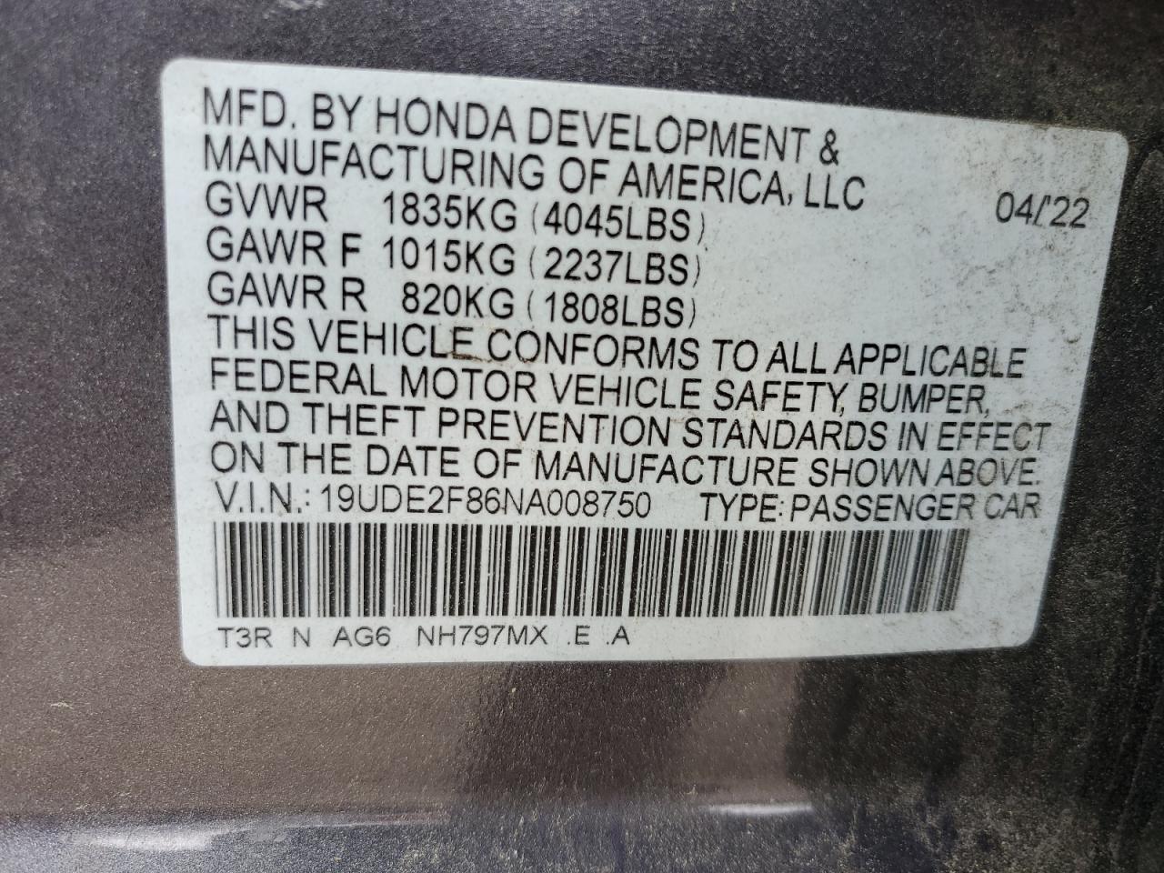 2022 ACURA ILX PREMIUM A-SPEC VIN:19UDE2F86NA008750