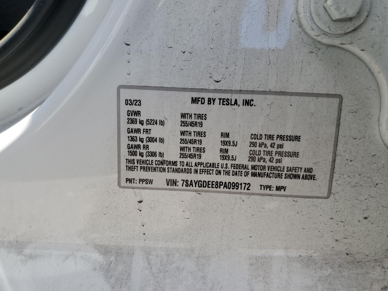 2023 TESLA MODEL Y VIN:7SAYGDEE8PA099172