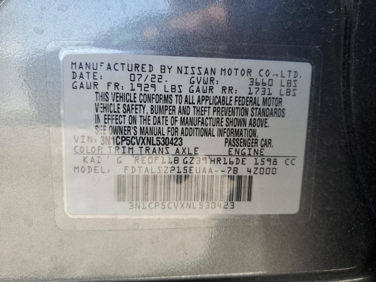 2022 NISSAN KICKS SV VIN:3N1CP5CVXNL530423