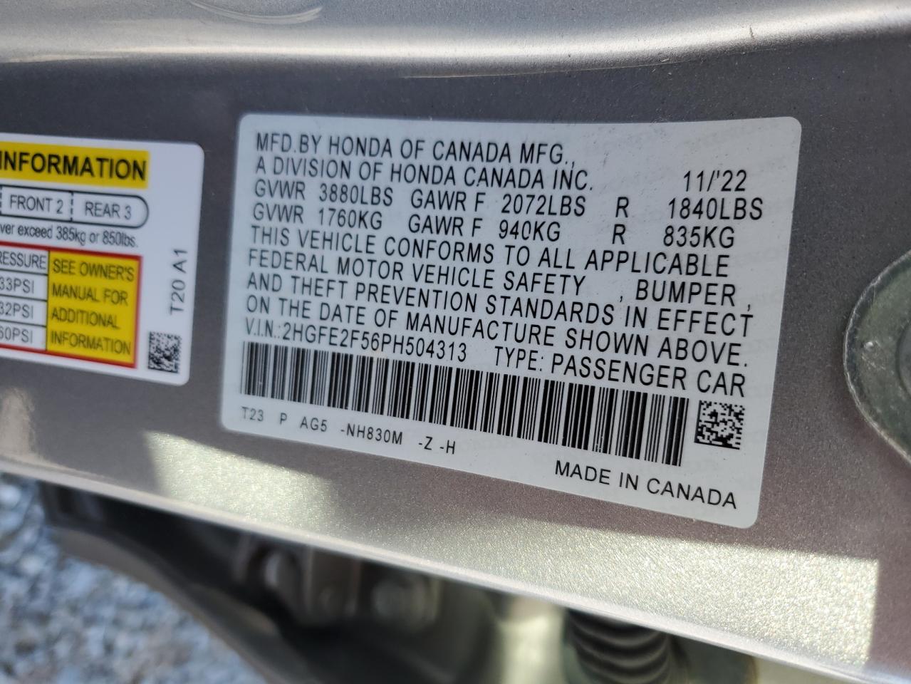 2023 HONDA CIVIC SPORT VIN:2HGFE2F56PH504313