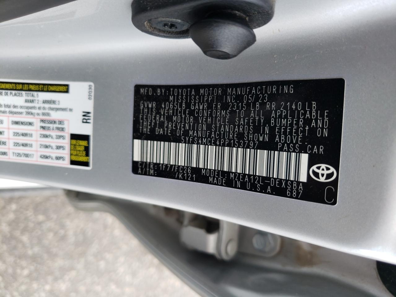2023 TOYOTA COROLLA SE VIN:5YFS4MCE4PP153797