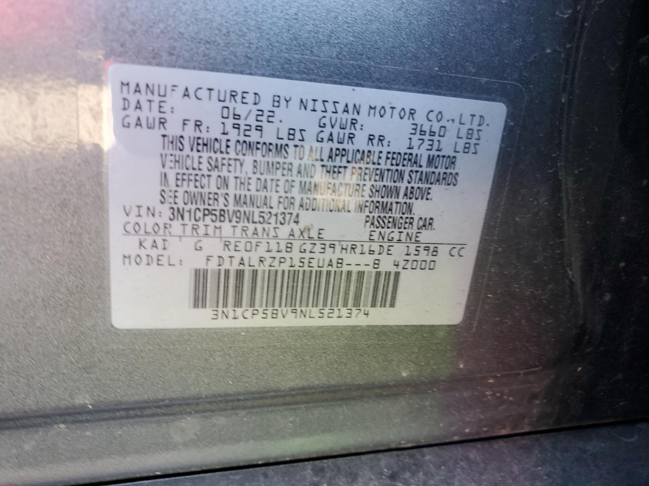 2022 NISSAN KICKS S VIN:3N1CP5BV9NL521374