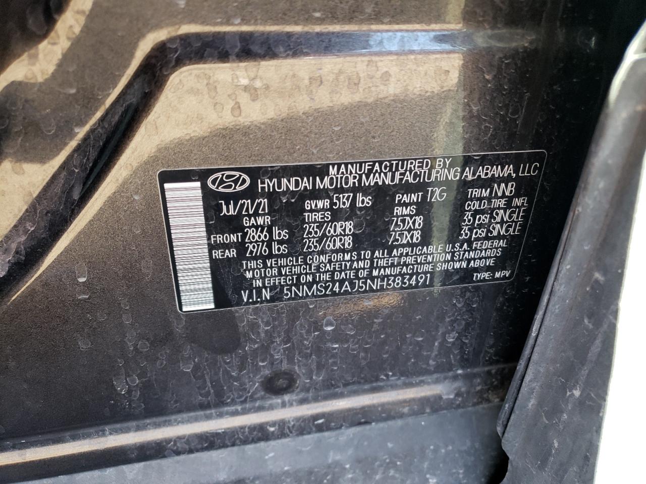 2022 HYUNDAI SANTA FE SEL VIN:5NMS24AJ5NH383491