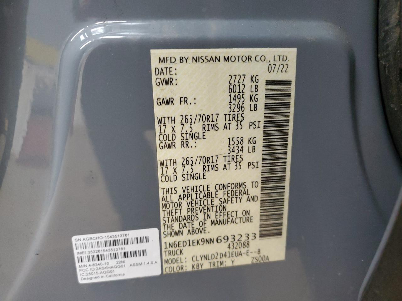 2022 NISSAN FRONTIER S VIN:1N6ED1EK9NN693233