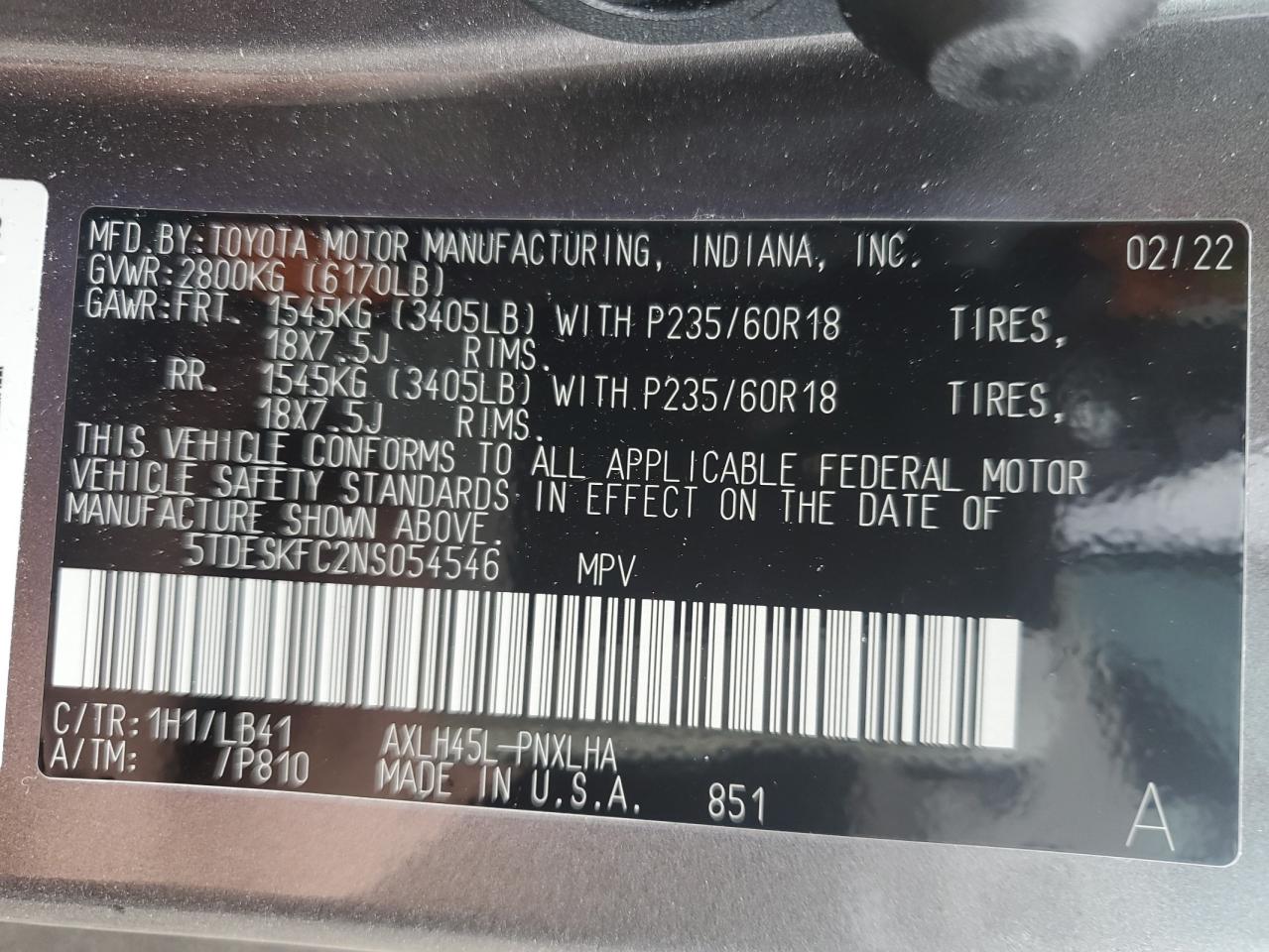 2022 TOYOTA SIENNA LIMITED VIN:5TDESKFC2NS054546