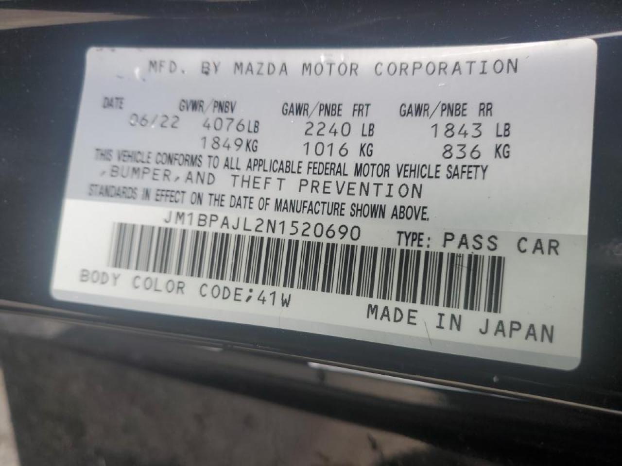 2022 MAZDA 3 VIN:JM1BPAJL2N1520690