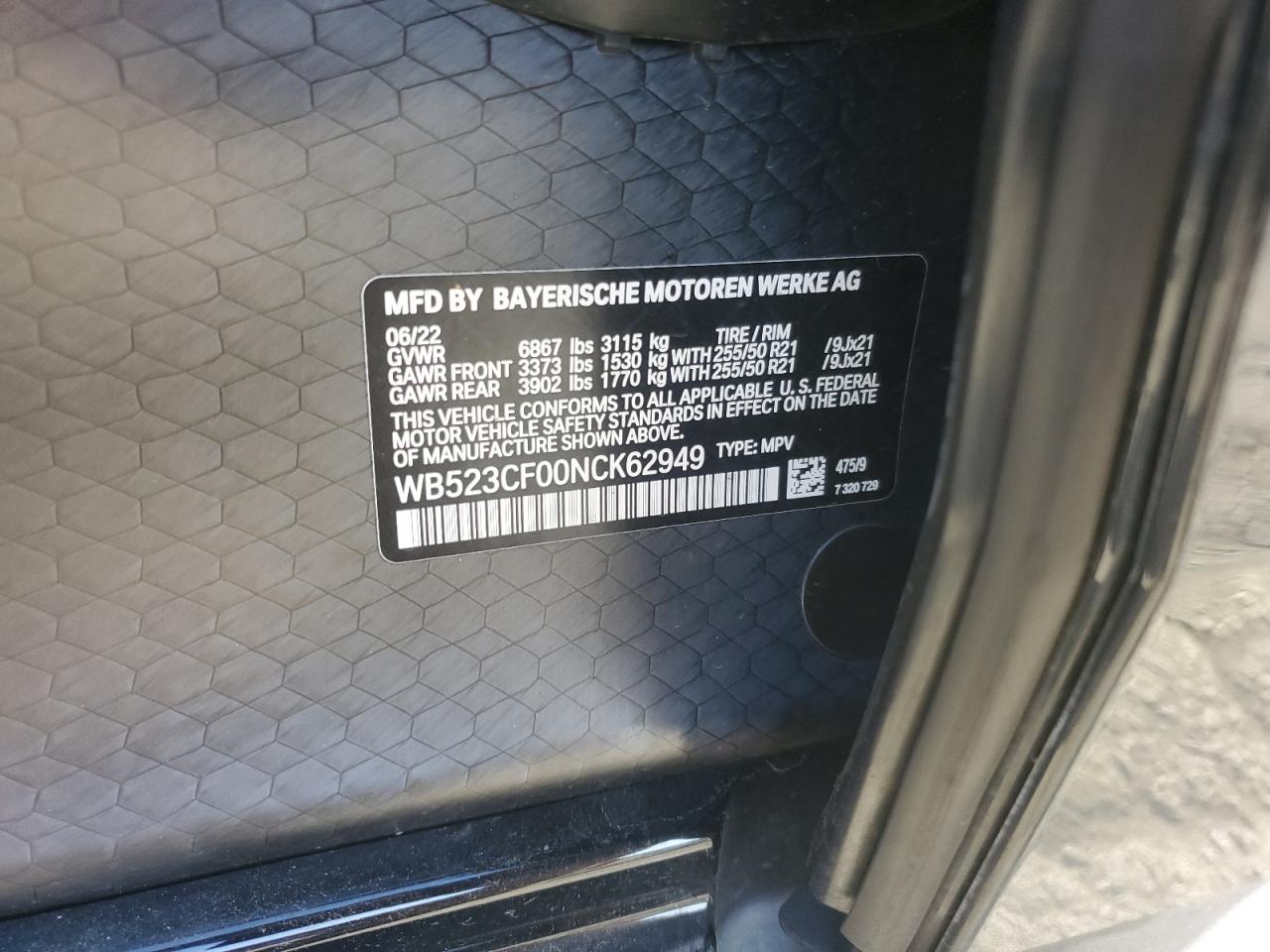 2022 BMW IX XDRIVE50 VIN:WB523CF00NCK62949