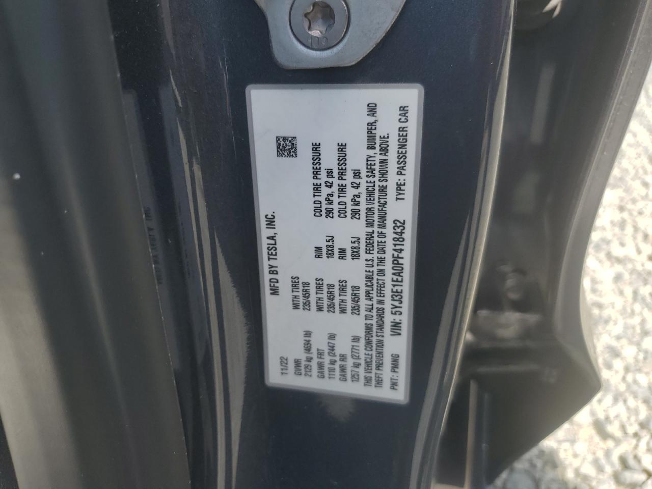 2023 TESLA MODEL 3 VIN:5YJ3E1EA0PF418432