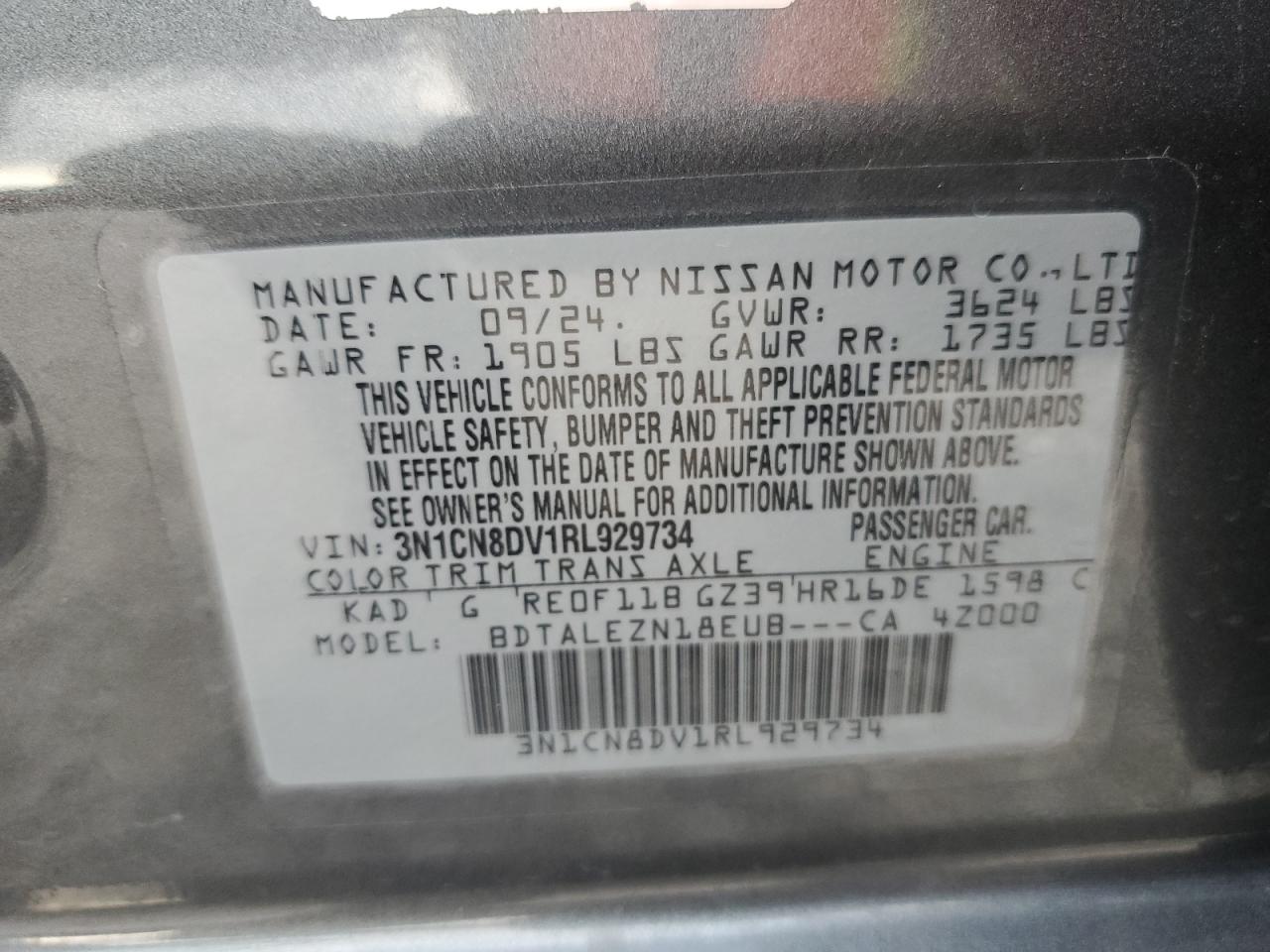 2024 NISSAN VERSA S VIN:3N1CN8DV1RL929734