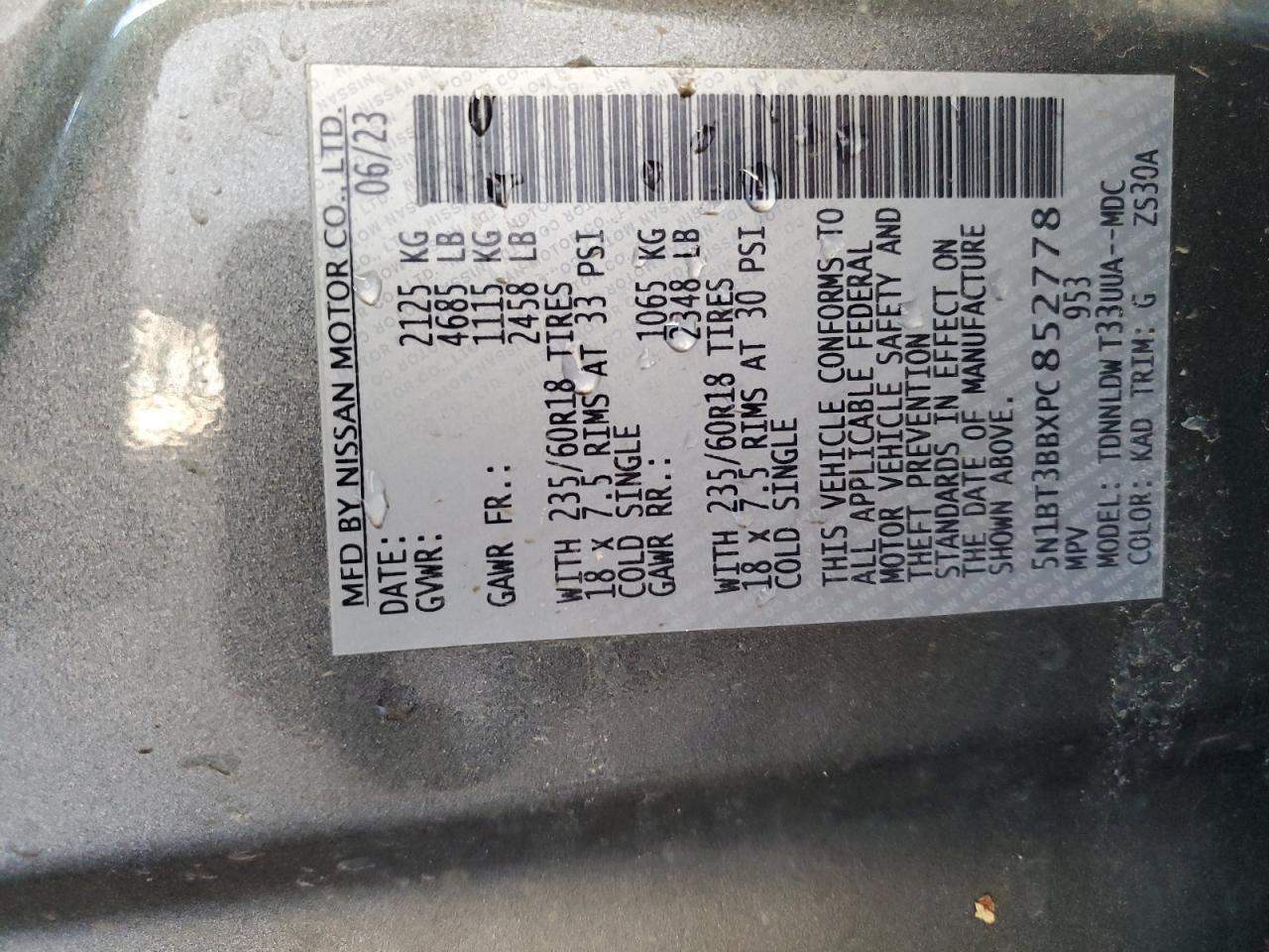 2023 NISSAN ROGUE SV VIN:5N1BT3BBXPC852778