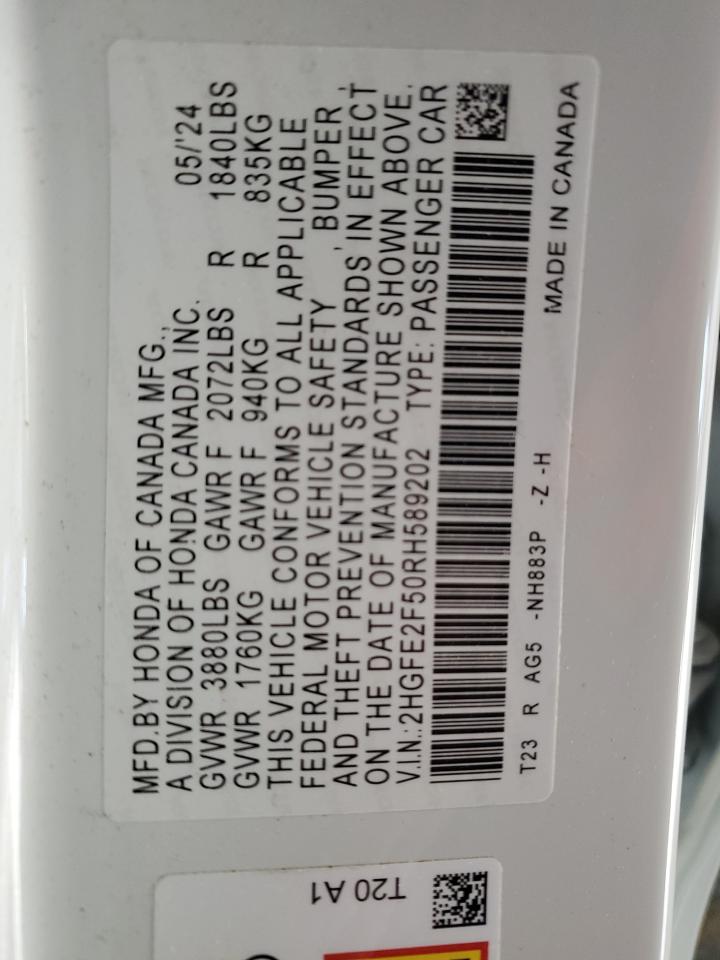 2024 HONDA CIVIC SPORT VIN:2HGFE2F50RH589202