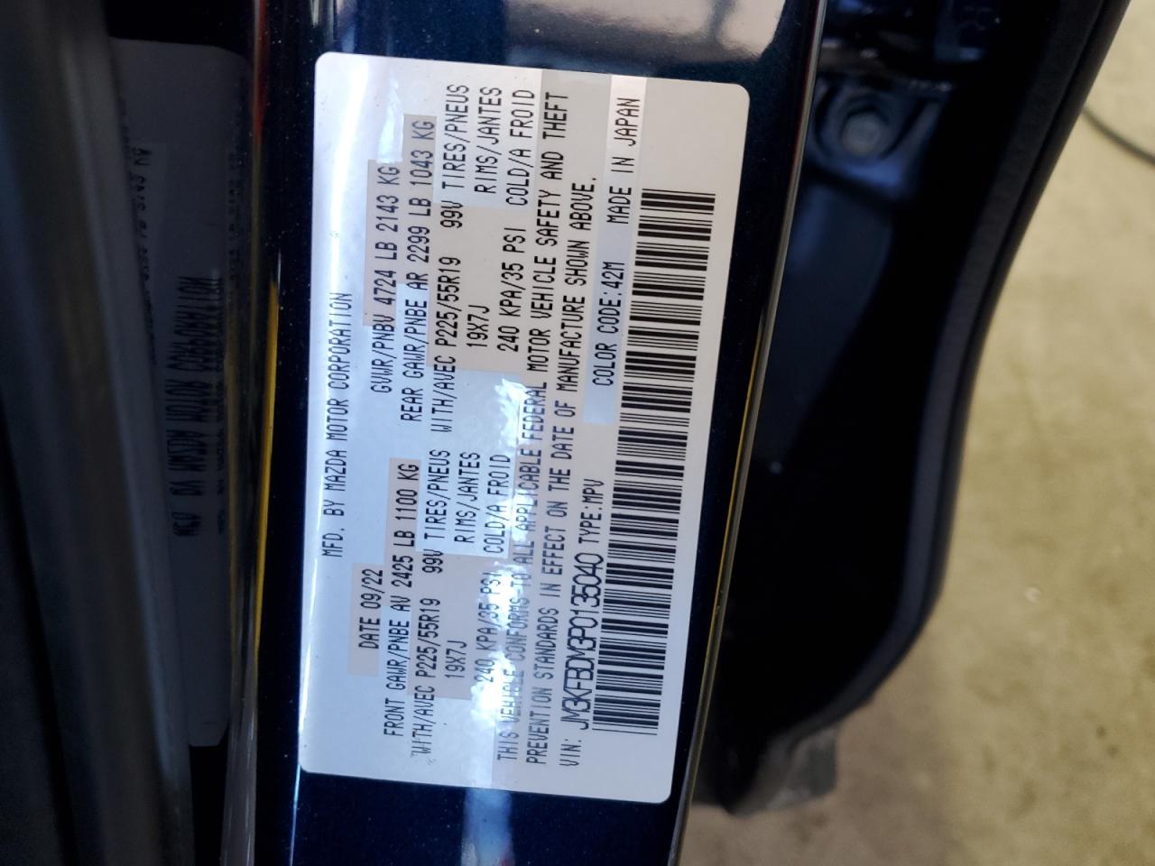 2023 MAZDA CX-5 PREMIUM VIN:JM3KFBDM3P0135040