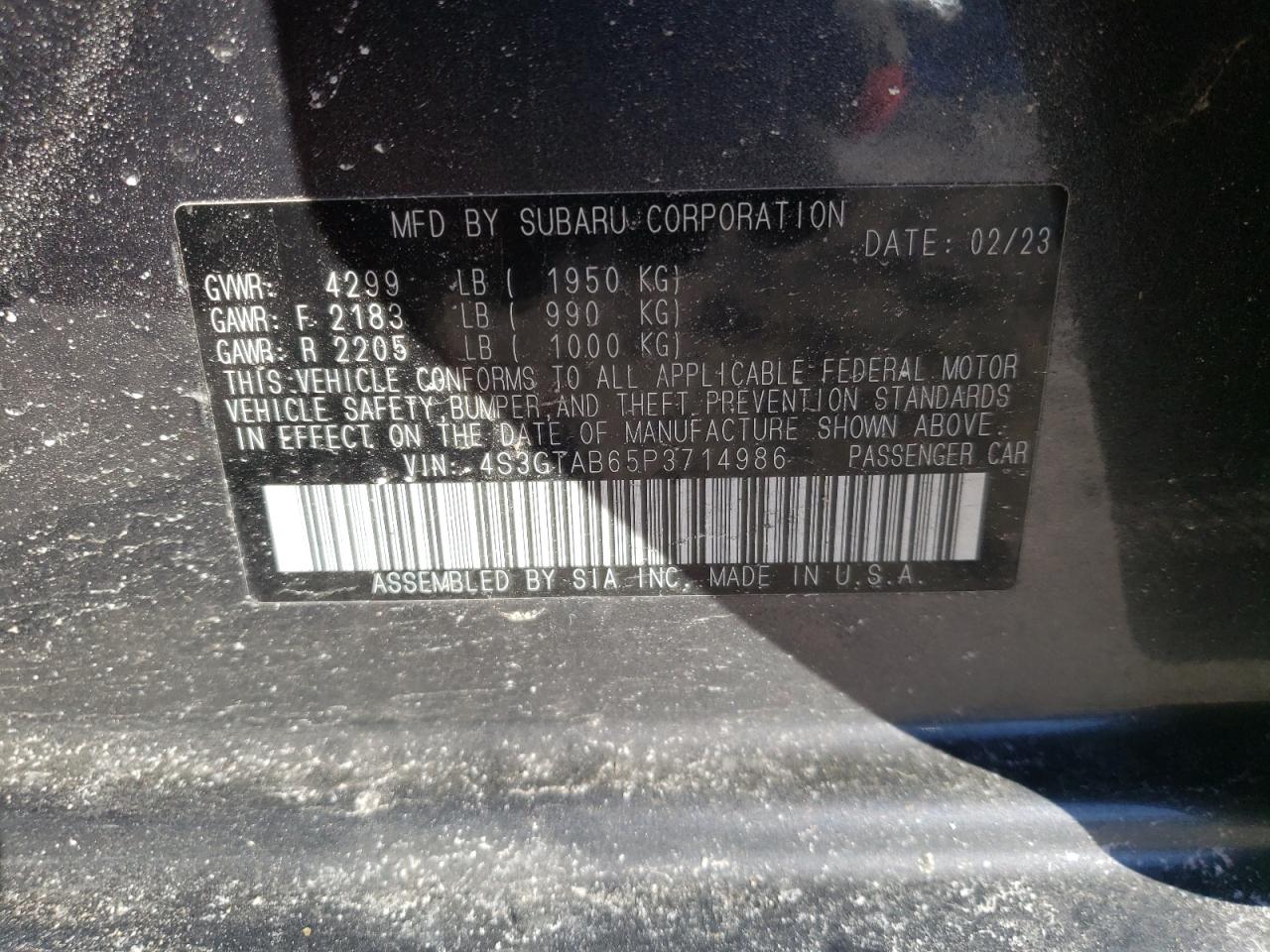 2023 SUBARU IMPREZA VIN:4S3GTAB65P3714986