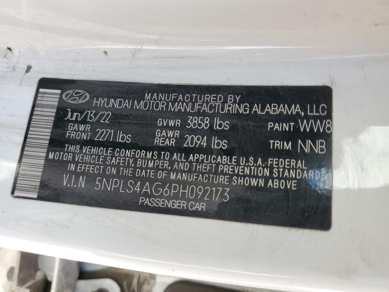 2023 HYUNDAI ELANTRA SEL VIN:5NPLS4AG6PH092173