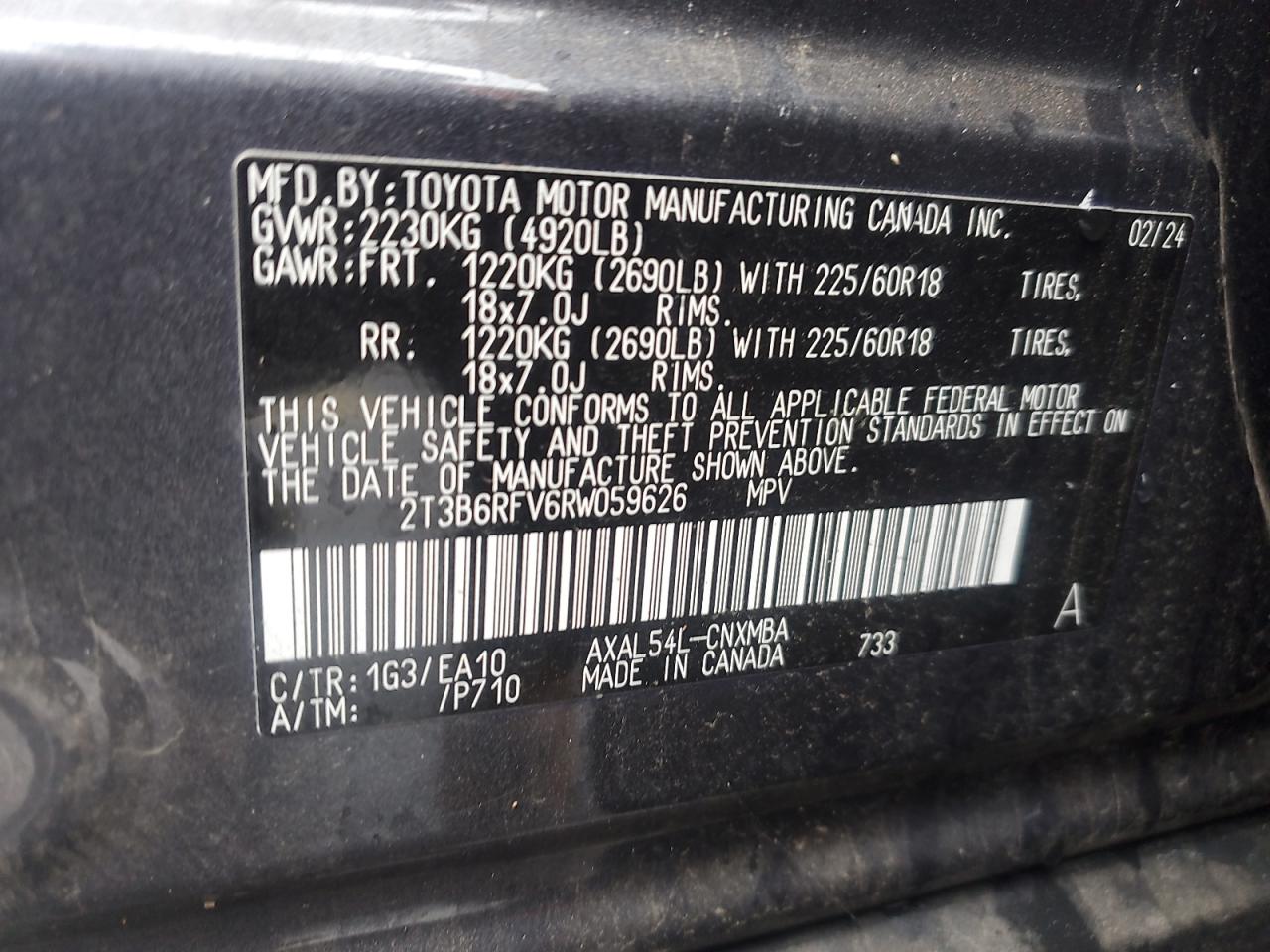 2024 TOYOTA RAV4 XLE PREMIUM VIN:2T3B6RFV6RW059626