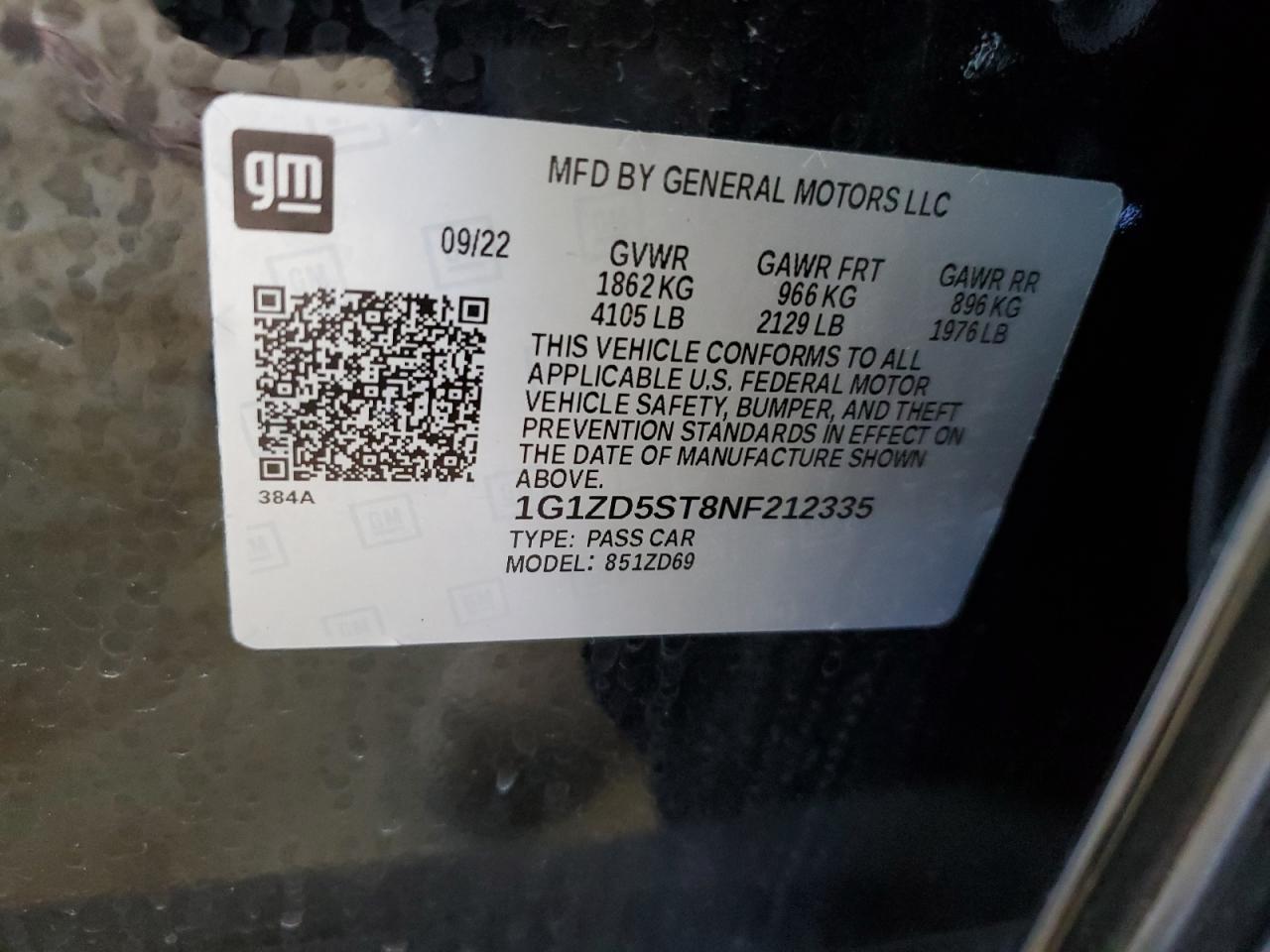 2022 CHEVROLET MALIBU LT VIN:1G1ZD5ST8NF212335