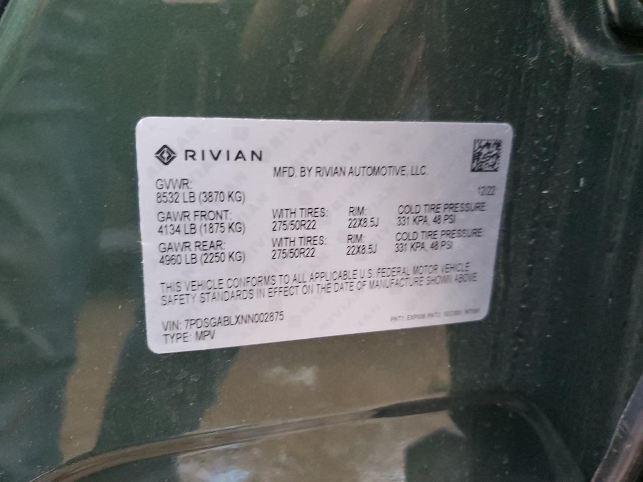 2022 RIVIAN R1S LAUNCH EDITION VIN:7PDSGABLXNN002875
