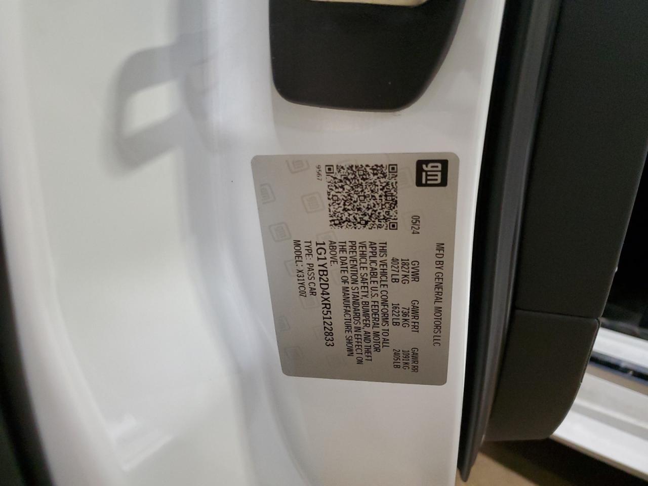 2024 CHEVROLET CORVETTE STINGRAY 2LT VIN:1G1YB2D4XR5122833