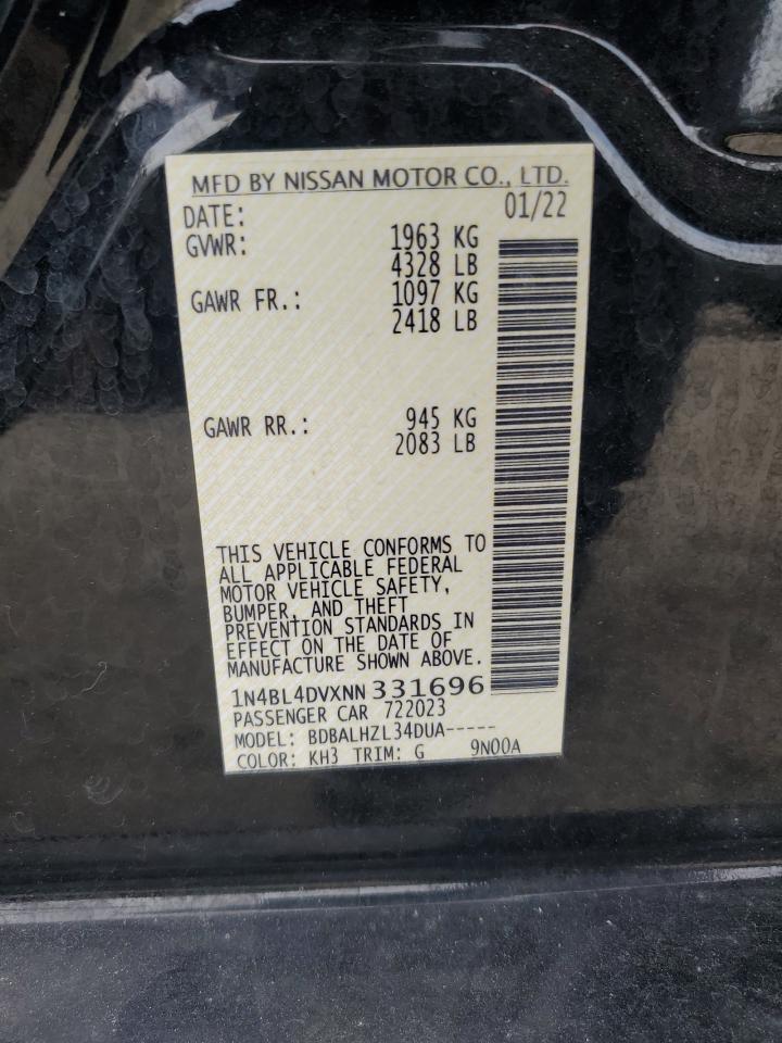 2022 NISSAN ALTIMA SV VIN:1N4BL4DVXNN331696