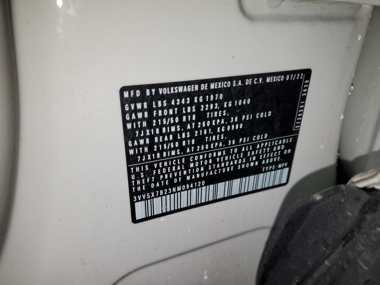 2022 VOLKSWAGEN TAOS SE VIN:3VVSX7B23NM094120