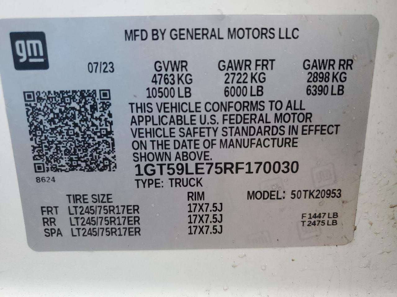 2024 GMC SIERRA K2500 HEAVY DUTY VIN:1GT59LE75RF170030