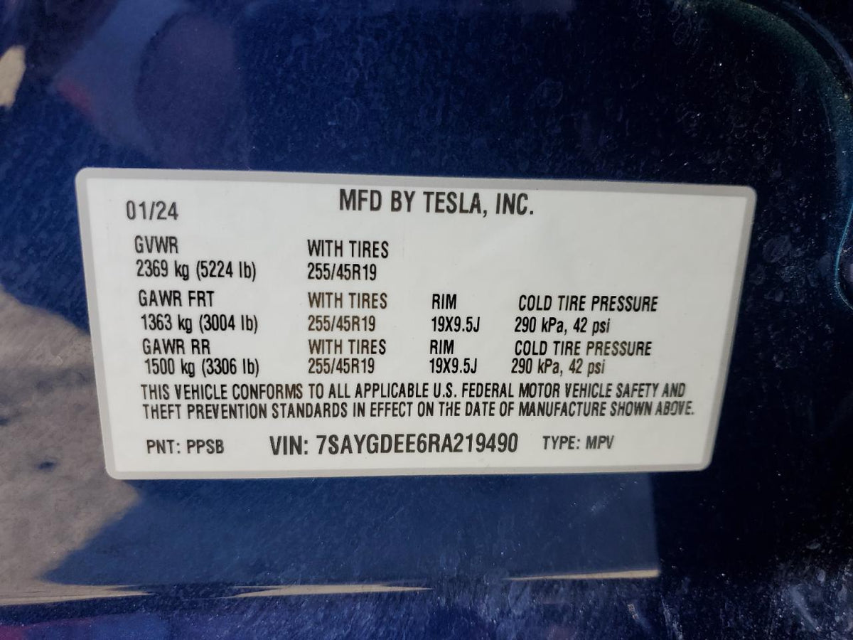 2024 TESLA MODEL Y VIN:WP0AA2A8XNS255297