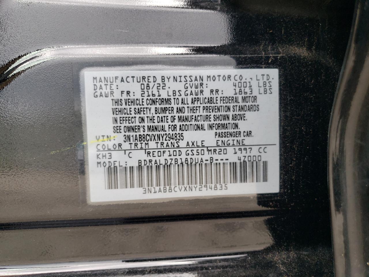 2022 NISSAN SENTRA SV VIN:3N1AB8CVXNY294835
