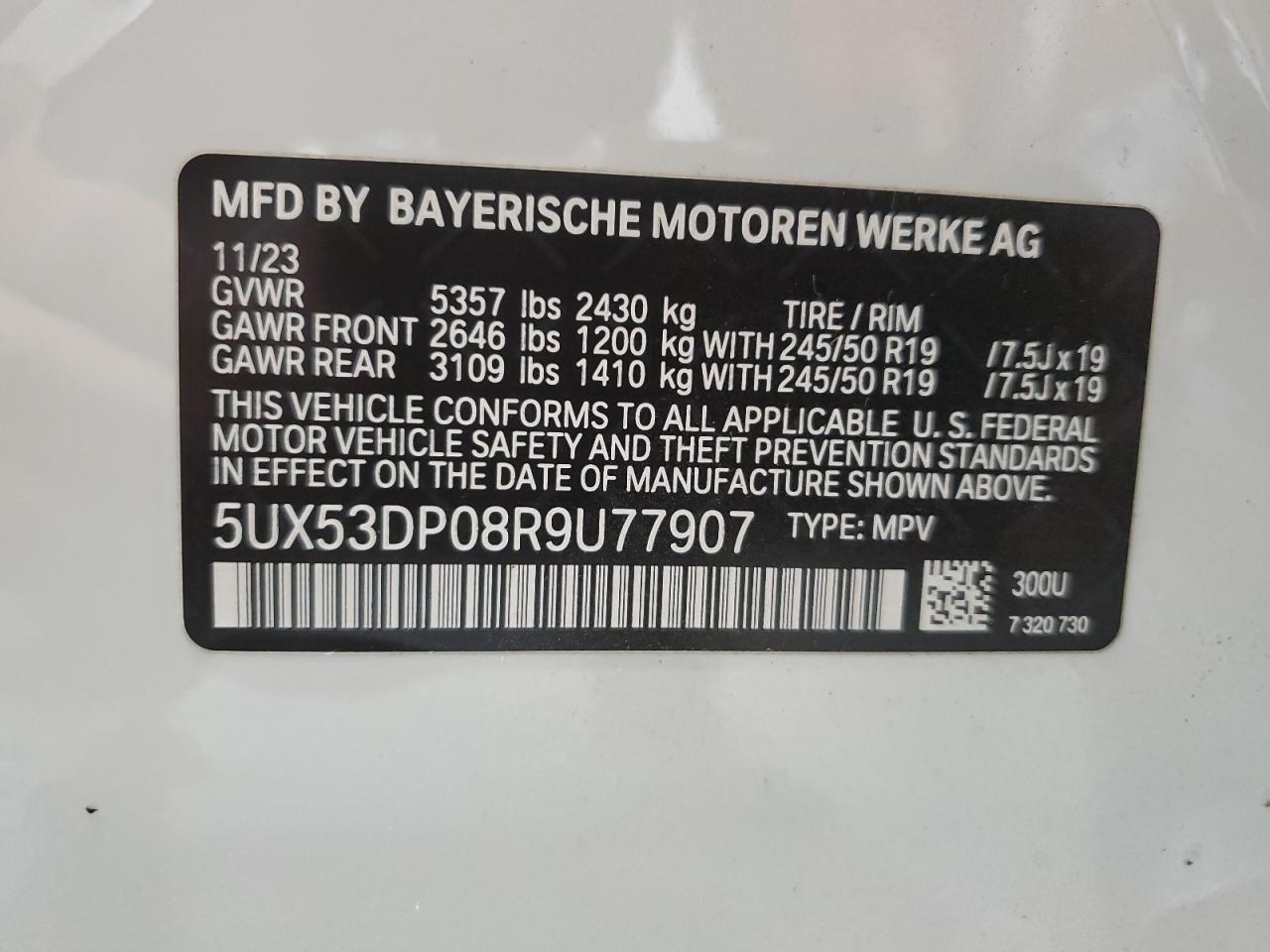 2024 BMW X3 XDRIVE30I VIN:5UX53DP08R9U77907