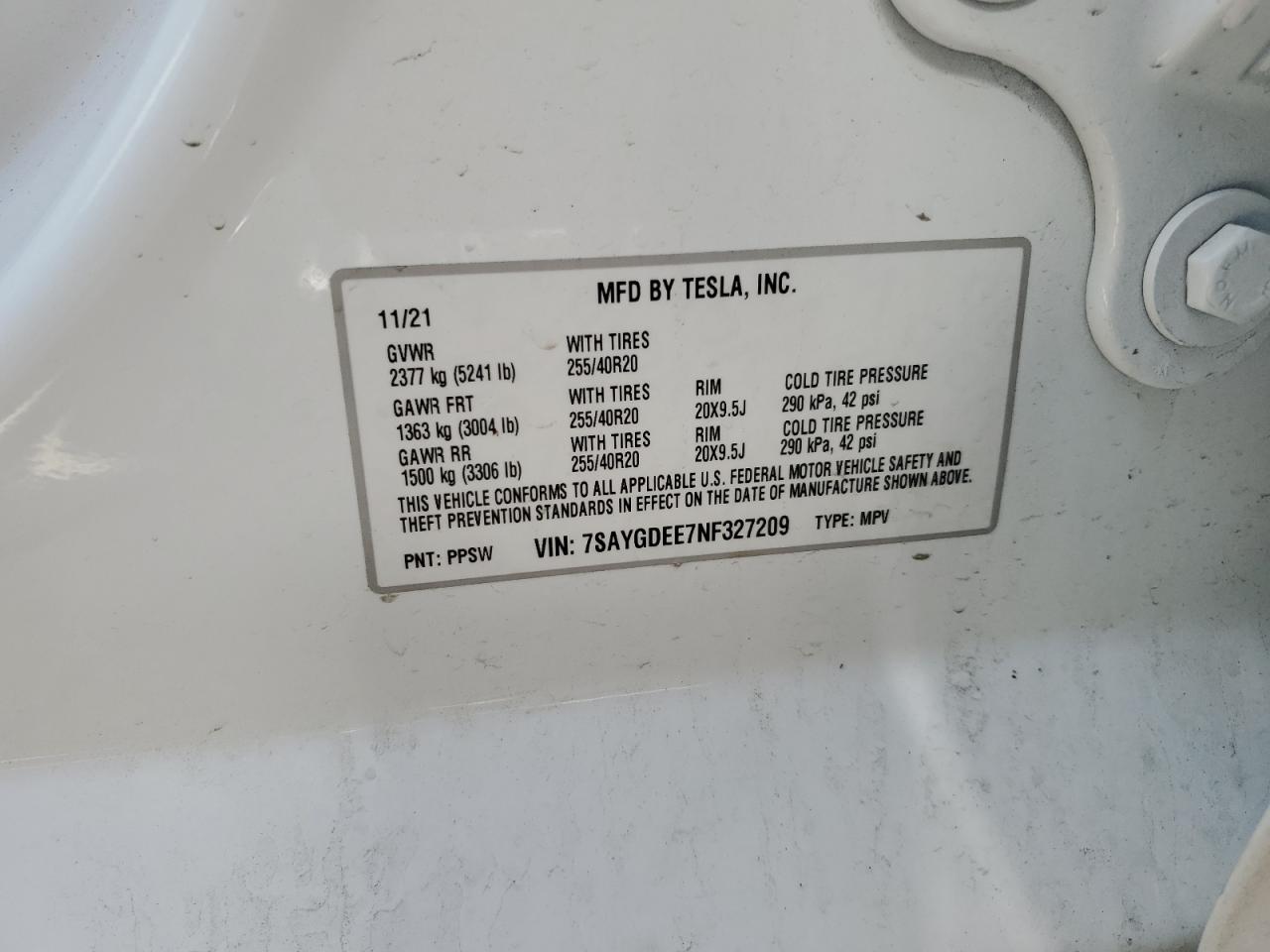 2022 TESLA MODEL Y VIN:7SAYGDEE7NF327209