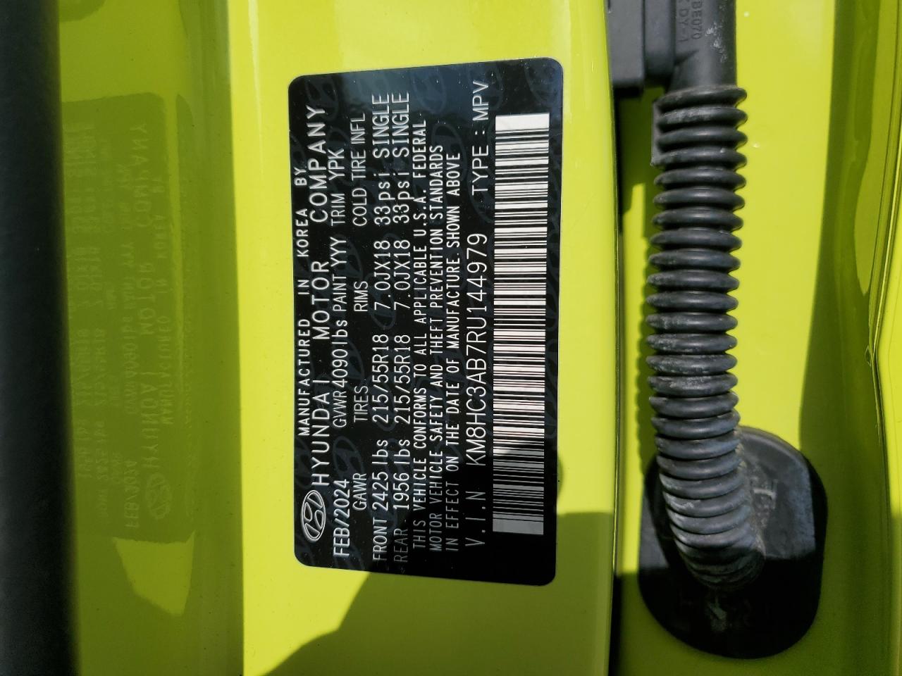 2024 HYUNDAI KONA SEL VIN:KM8HC3AB7RU144979