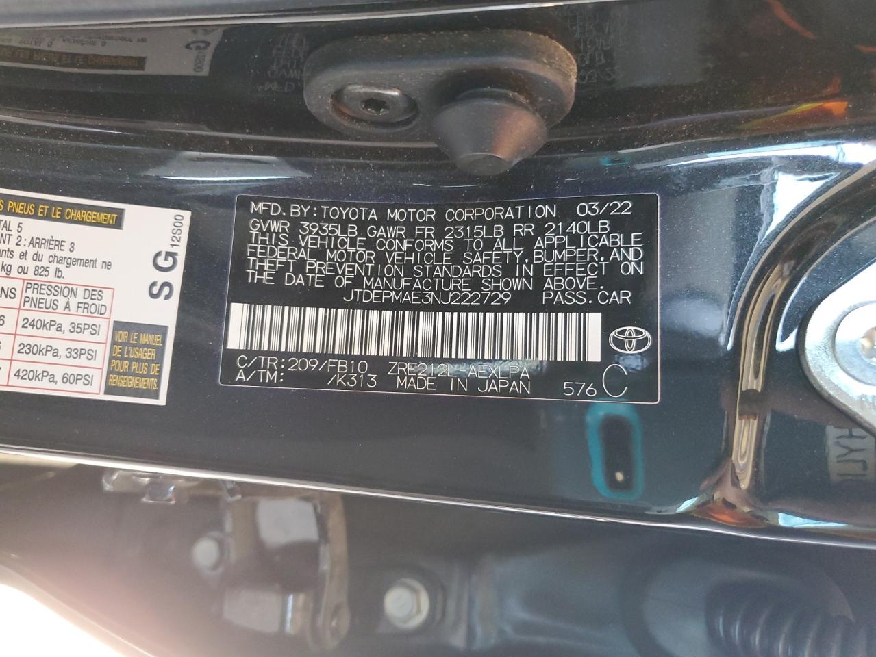 2022 TOYOTA COROLLA LE VIN:JTDEPMAE3NJ222729