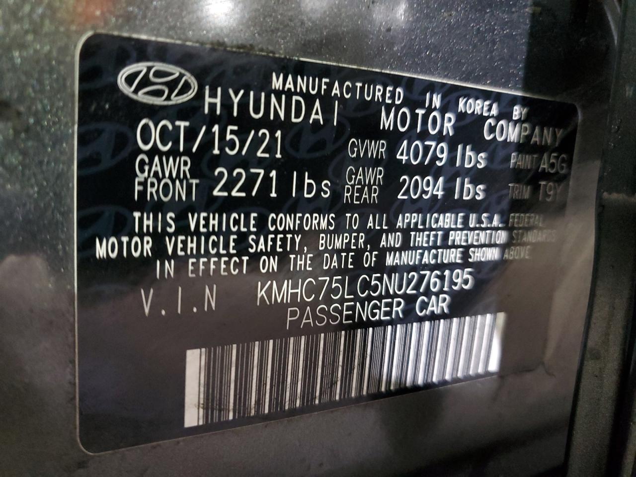 2022 HYUNDAI IONIQ SE VIN:KMHC75LC5NU276195